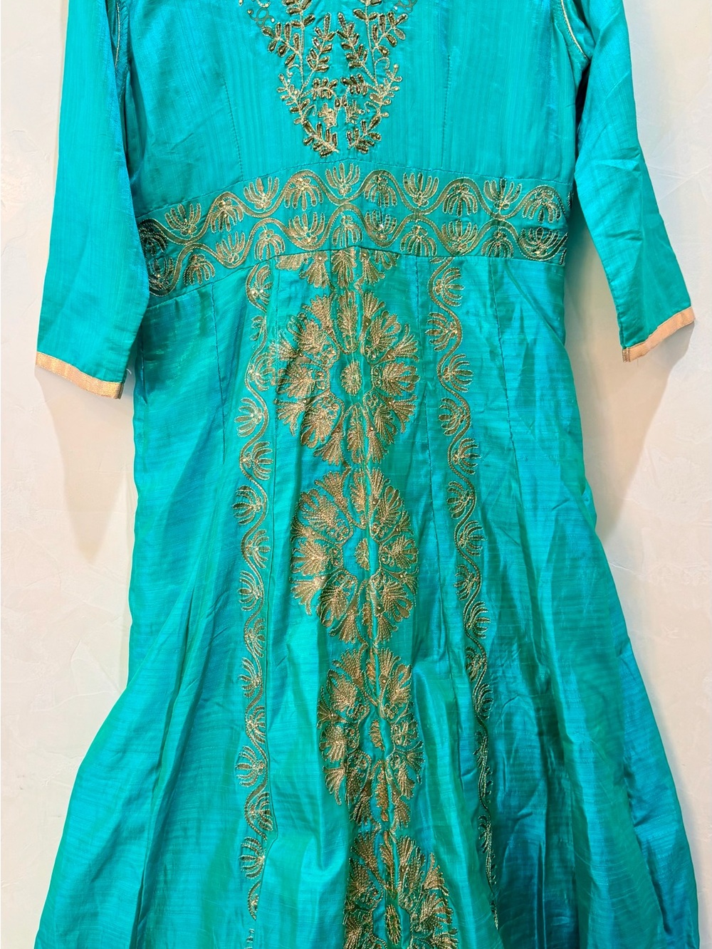 Girls Teal Embroidered Party Dress with Gold Thread